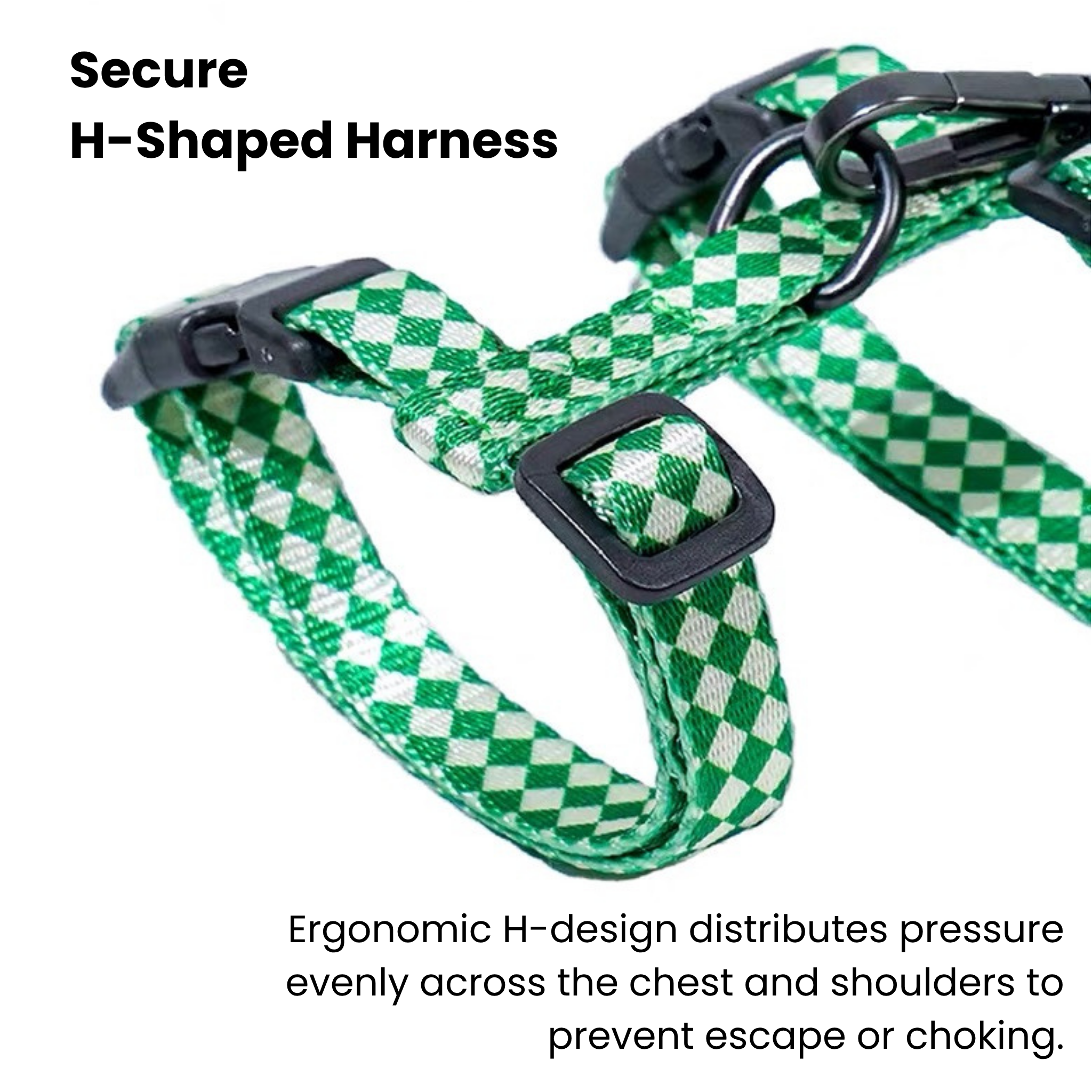 Green & white plaid H-shaped cat harness made of polyester webbing with secure D-rings.