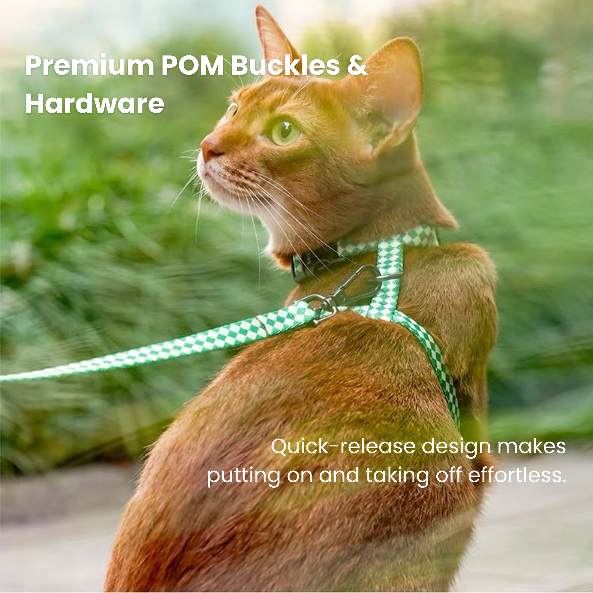Green plaid cat harness and leash set, H-shaped, polyester webbing, secure and comfortable.