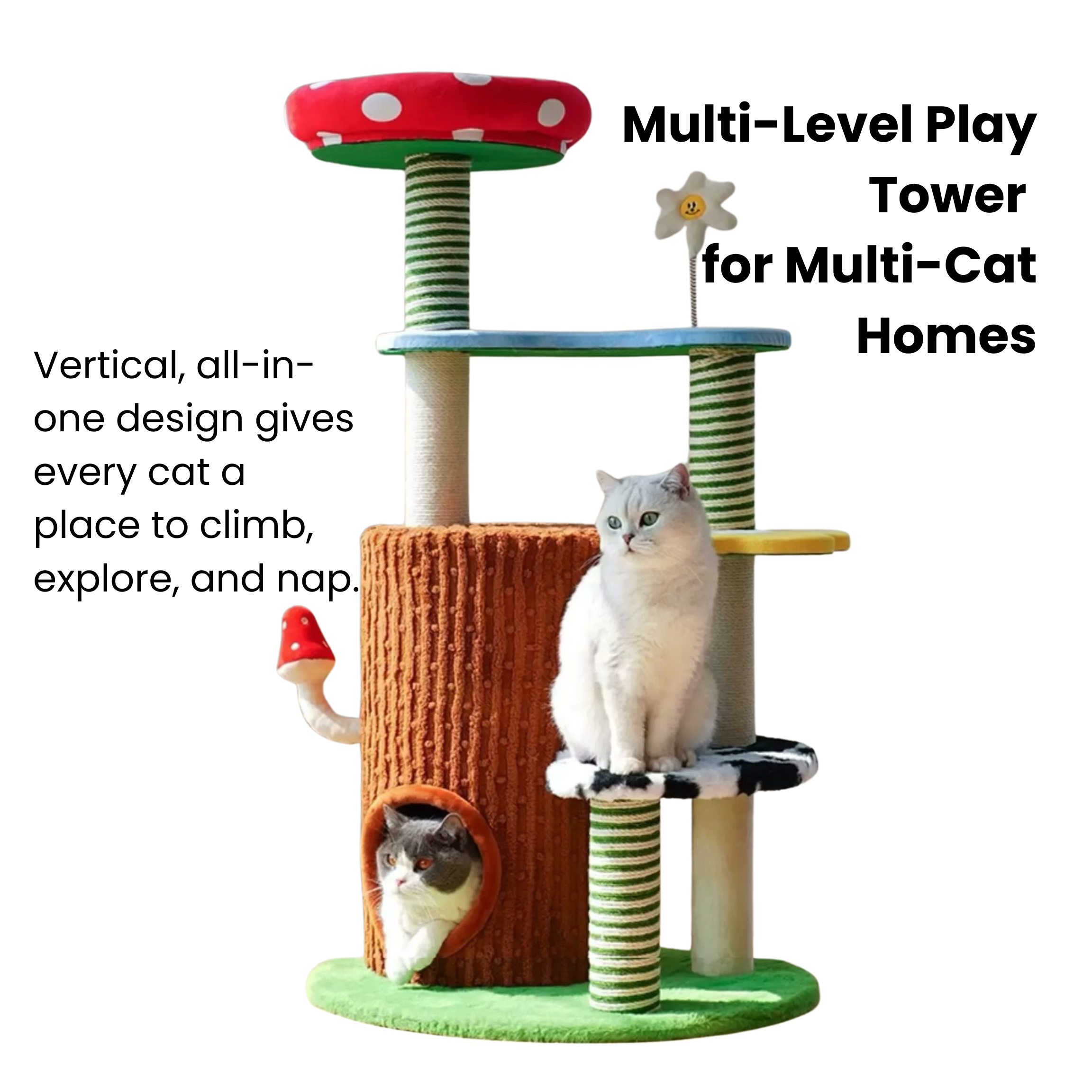 Fantasy Farm Multi-Level Cat Tree: Spacious tower, cozy bed, scratchers, double condo hideaway for multi-cat play.