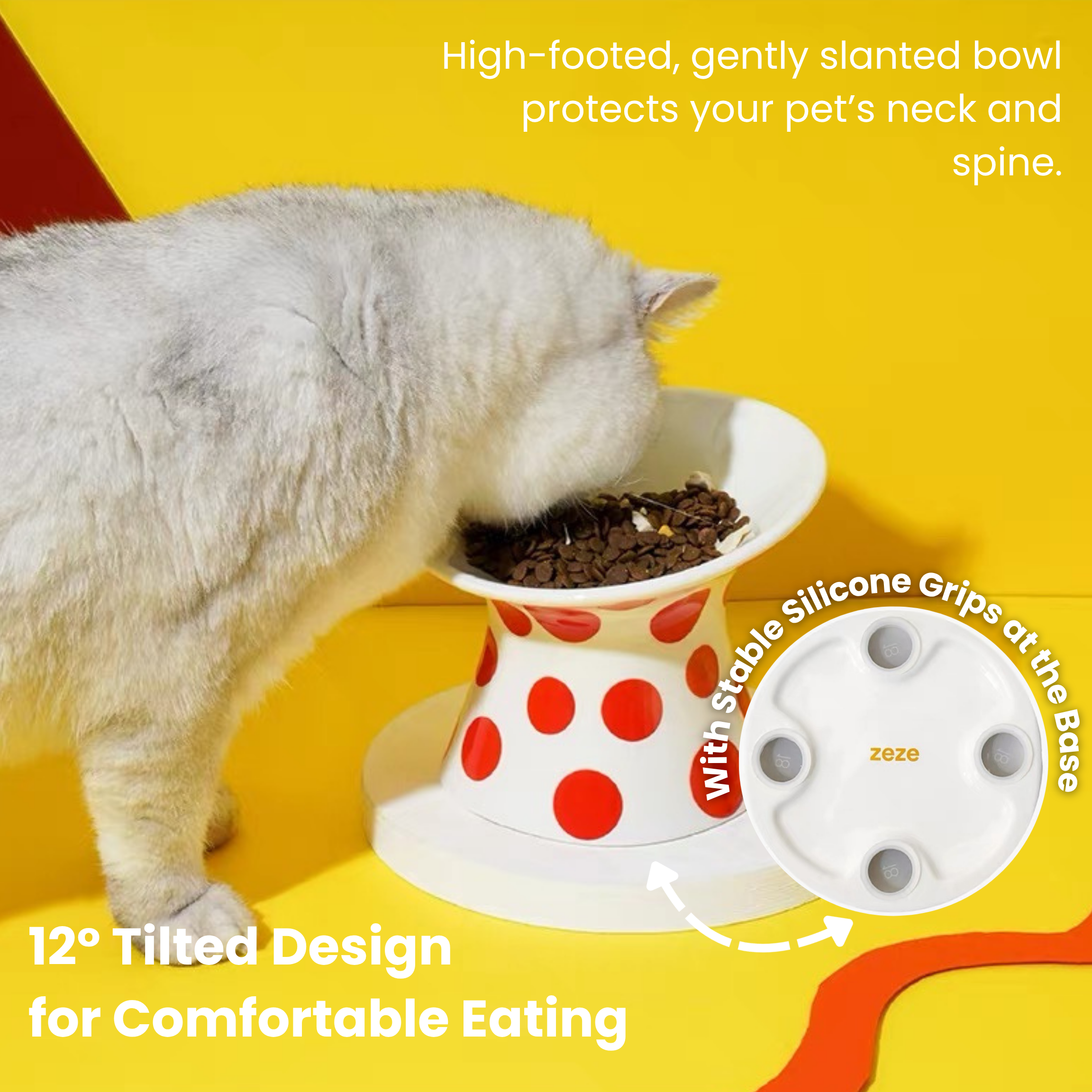 Elevated, 12° tilted ceramic cat bowl promotes healthy posture and prevents acne. Non-slip base.