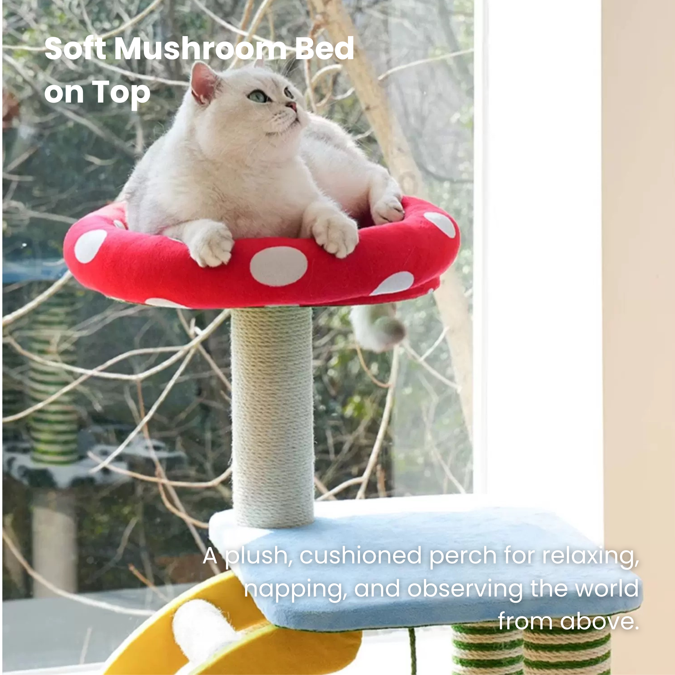 Whimsical mushroom cat tree: 3-in-1 perch, scratcher, bed. Multi-level activity tower for playful cats.