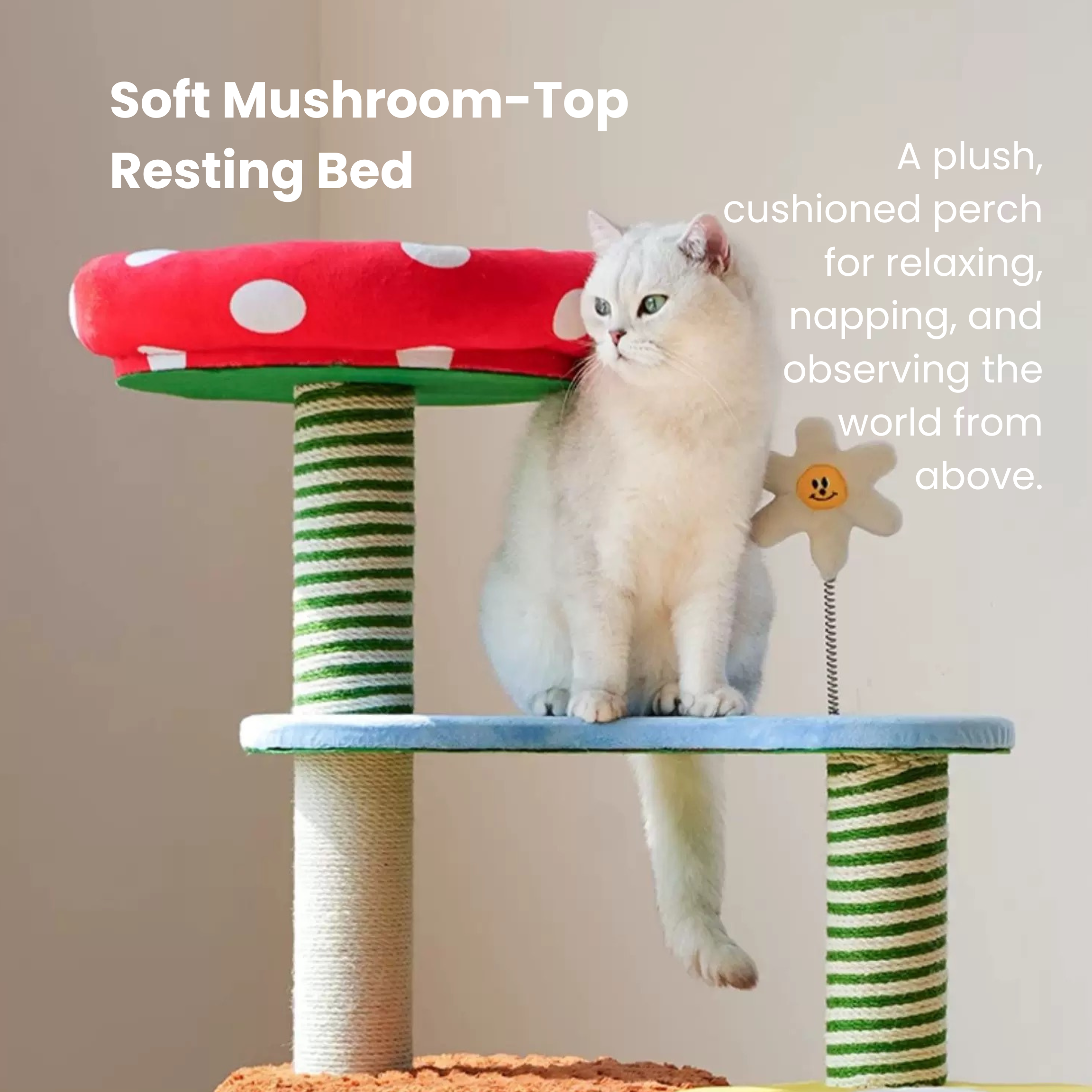Deluxe 3-in-1 cat tree: mushroom bed, scratchers, double hideaways for climbing, scratching, and napping.