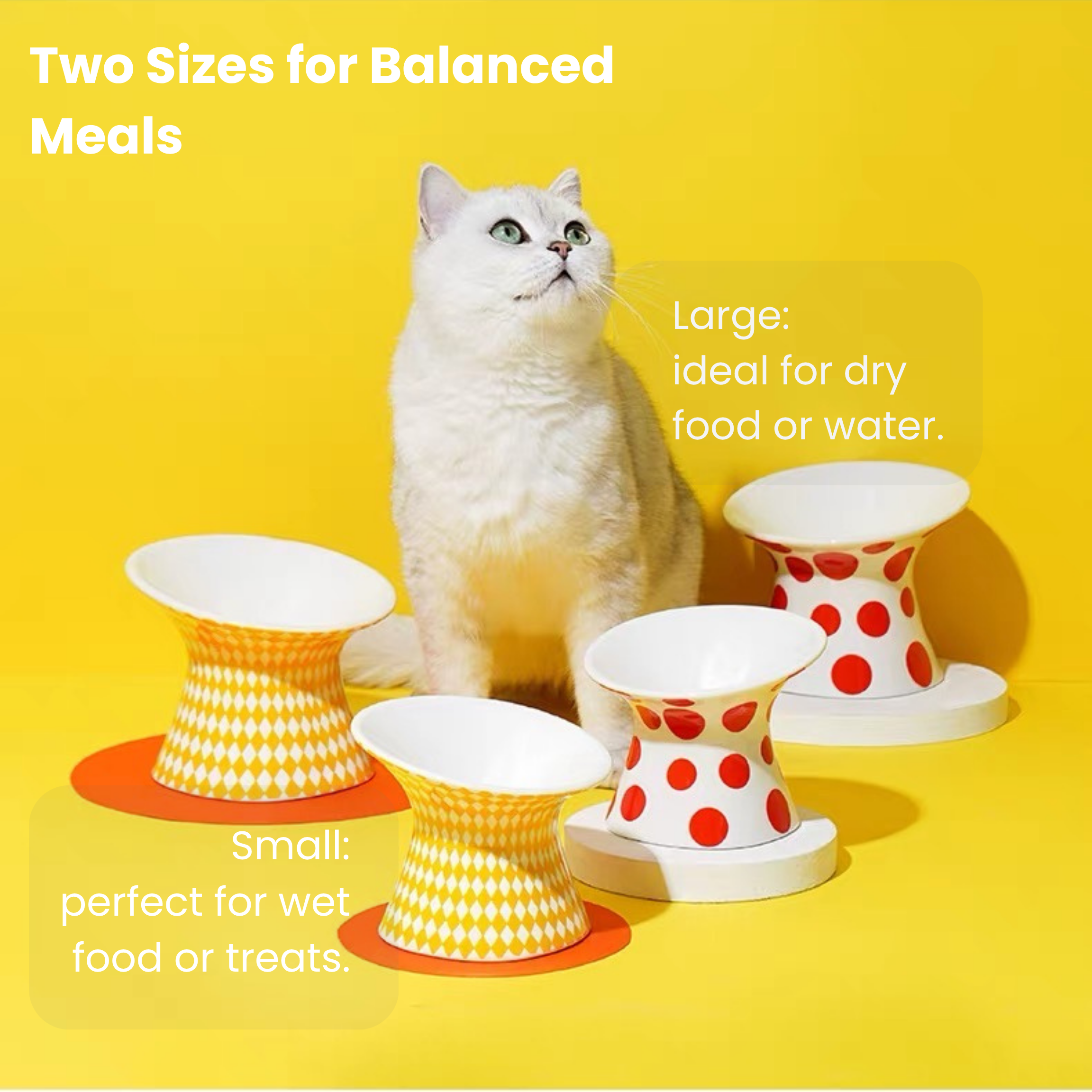 Popart ceramic pet bowl, elevated and tilted with polka dots for healthy cat eating posture.