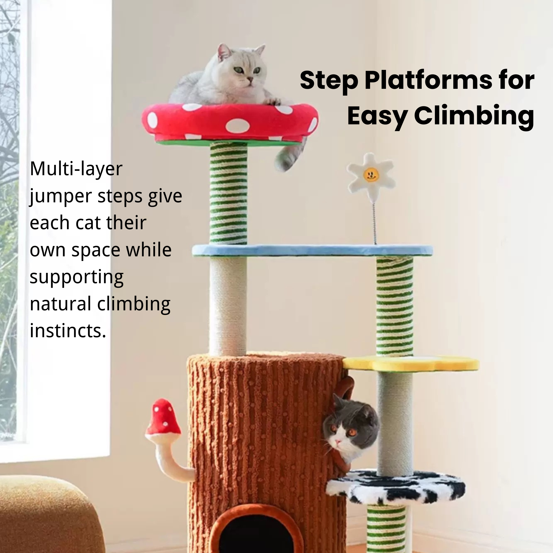 Deluxe 3-in-1 multi-level cat tree with mushroom bed, double hideaways, and sisal scratchers.