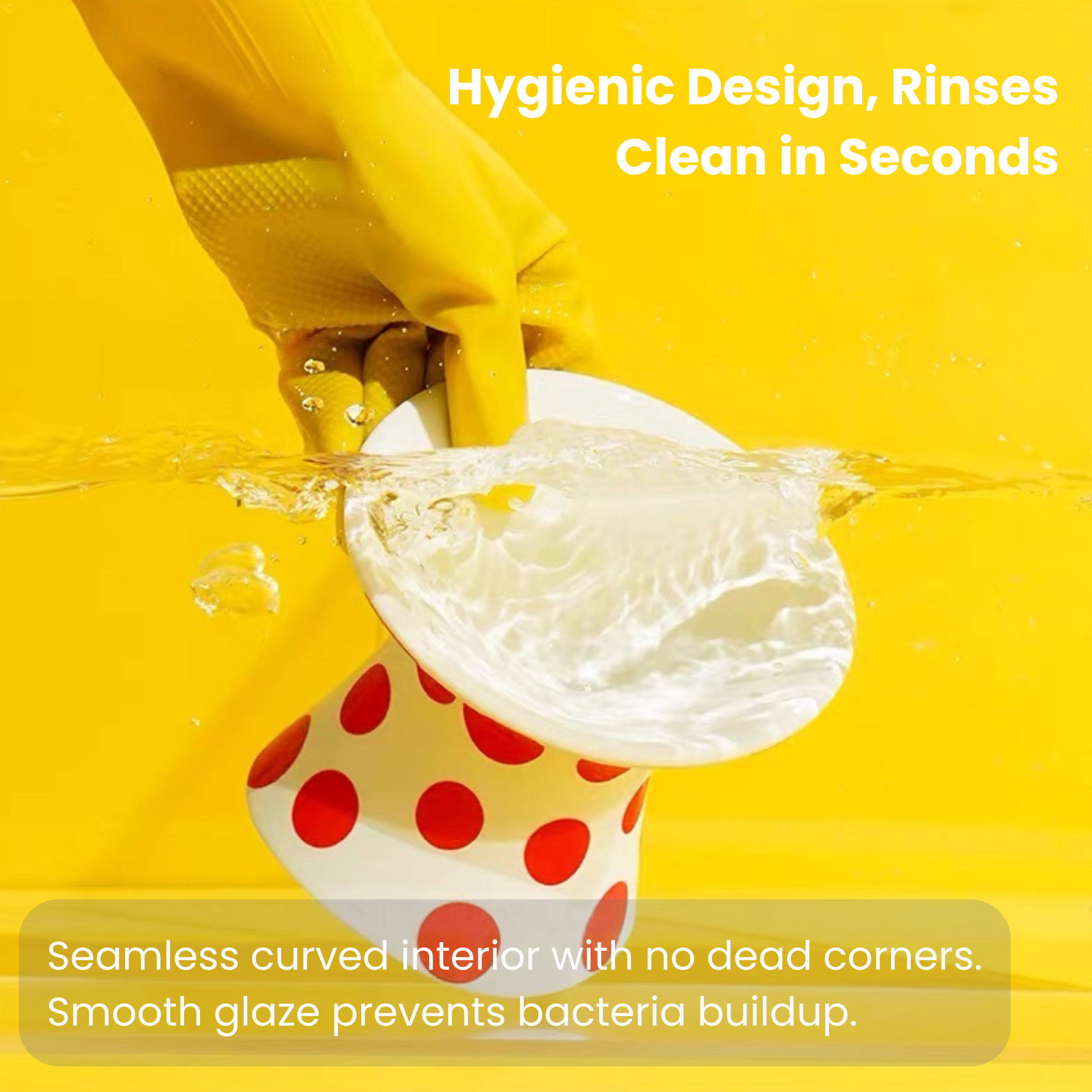 Yellow, red polka dot Popart ceramic pet bowl, elevated and tilted for healthy cat/dog feeding.