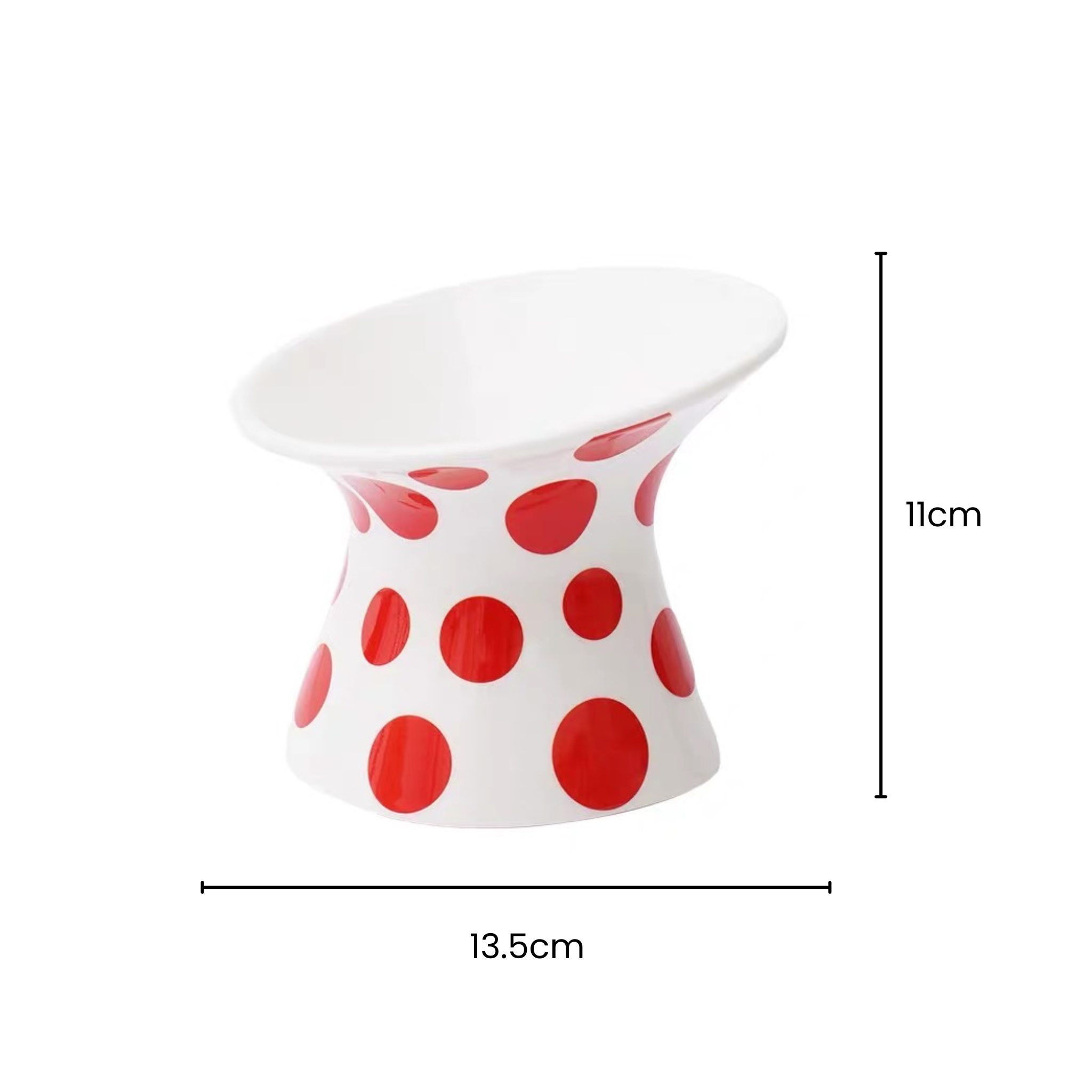 Popart ceramic pet bowl, 12° tilted, white with red polka dots, non-slip feeder.