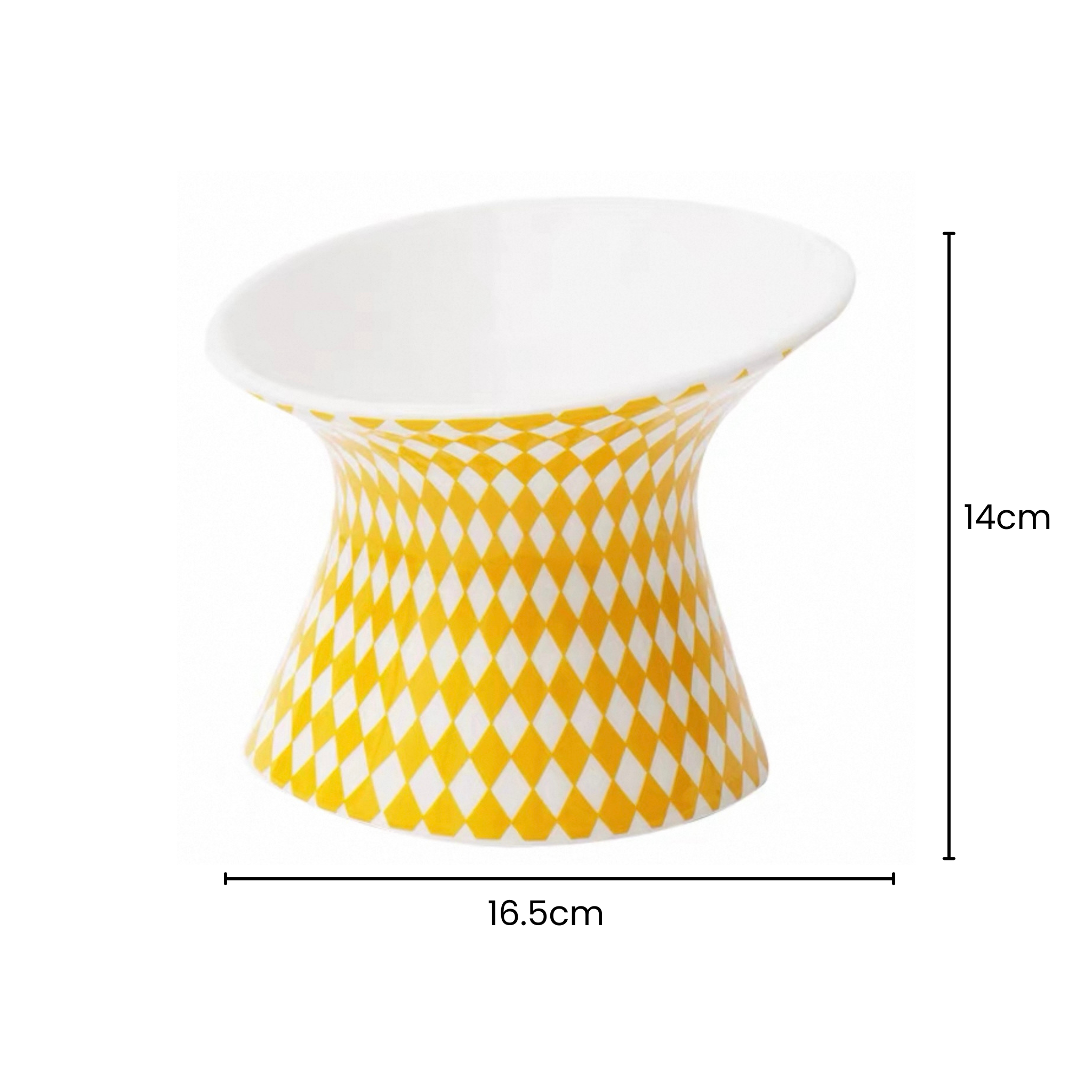 Yellow Popart ceramic pet bowl, tilted for cat/small dog comfort.