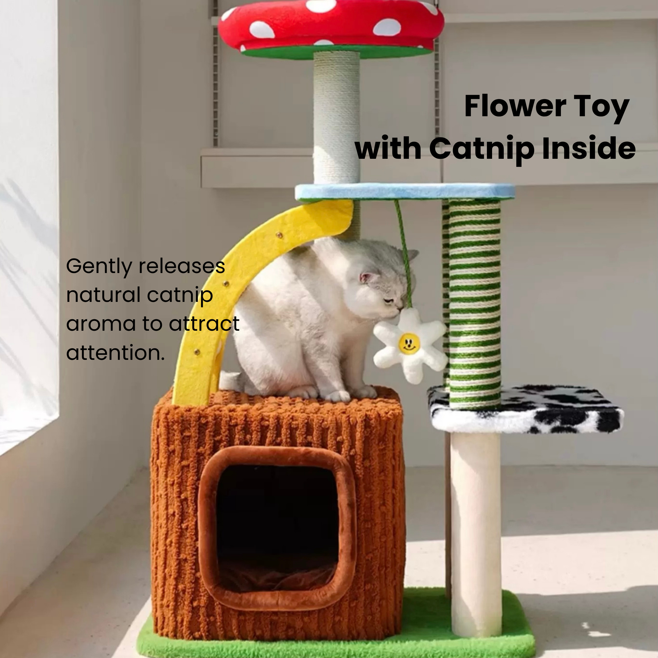 Whimsical multi-level cat tree with mushroom perch, scratchers, and toy for multi-cat homes.