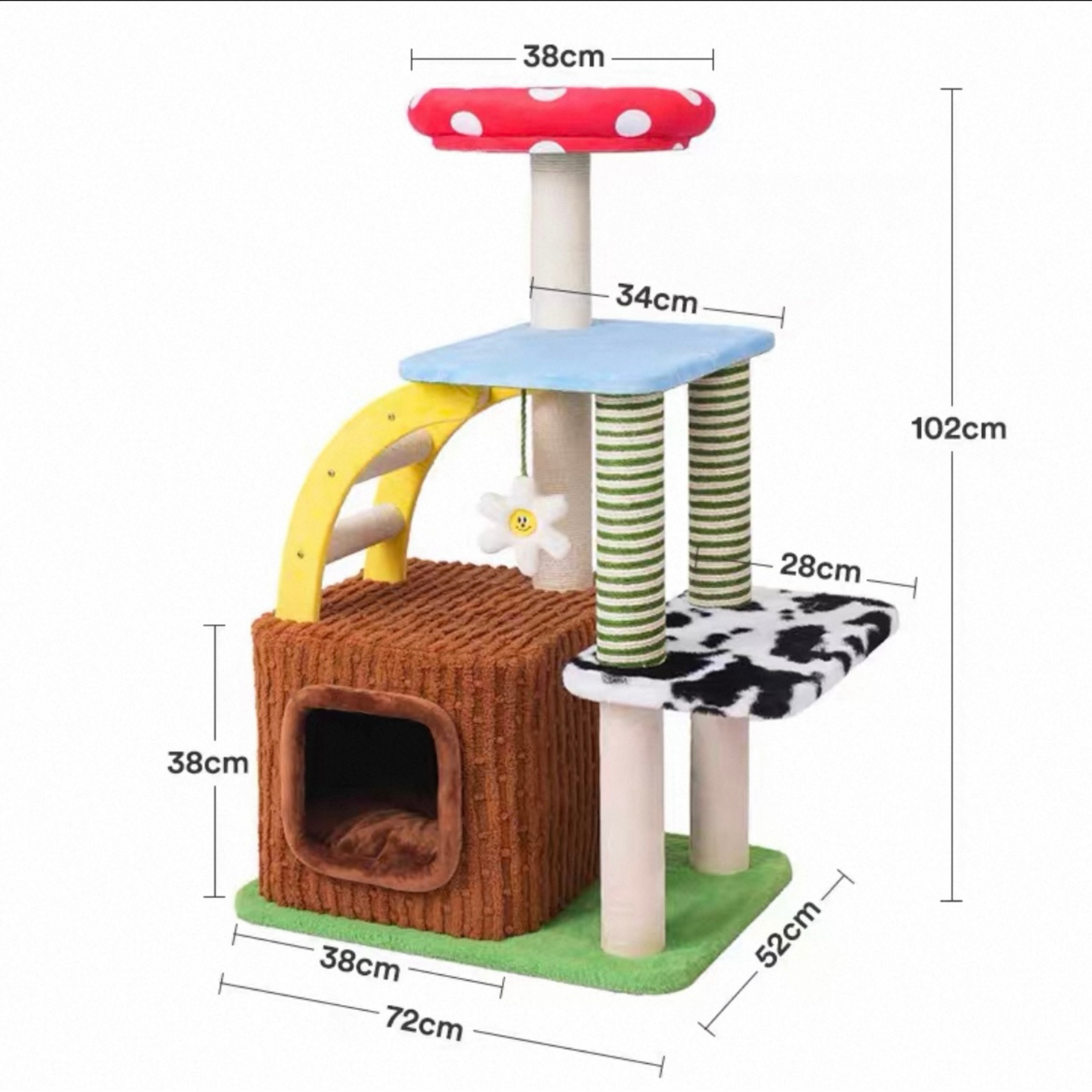 Whimsical 102cm tall, 3-in-1 cat tree with mushroom perch, scratching posts, and condo hideaway.