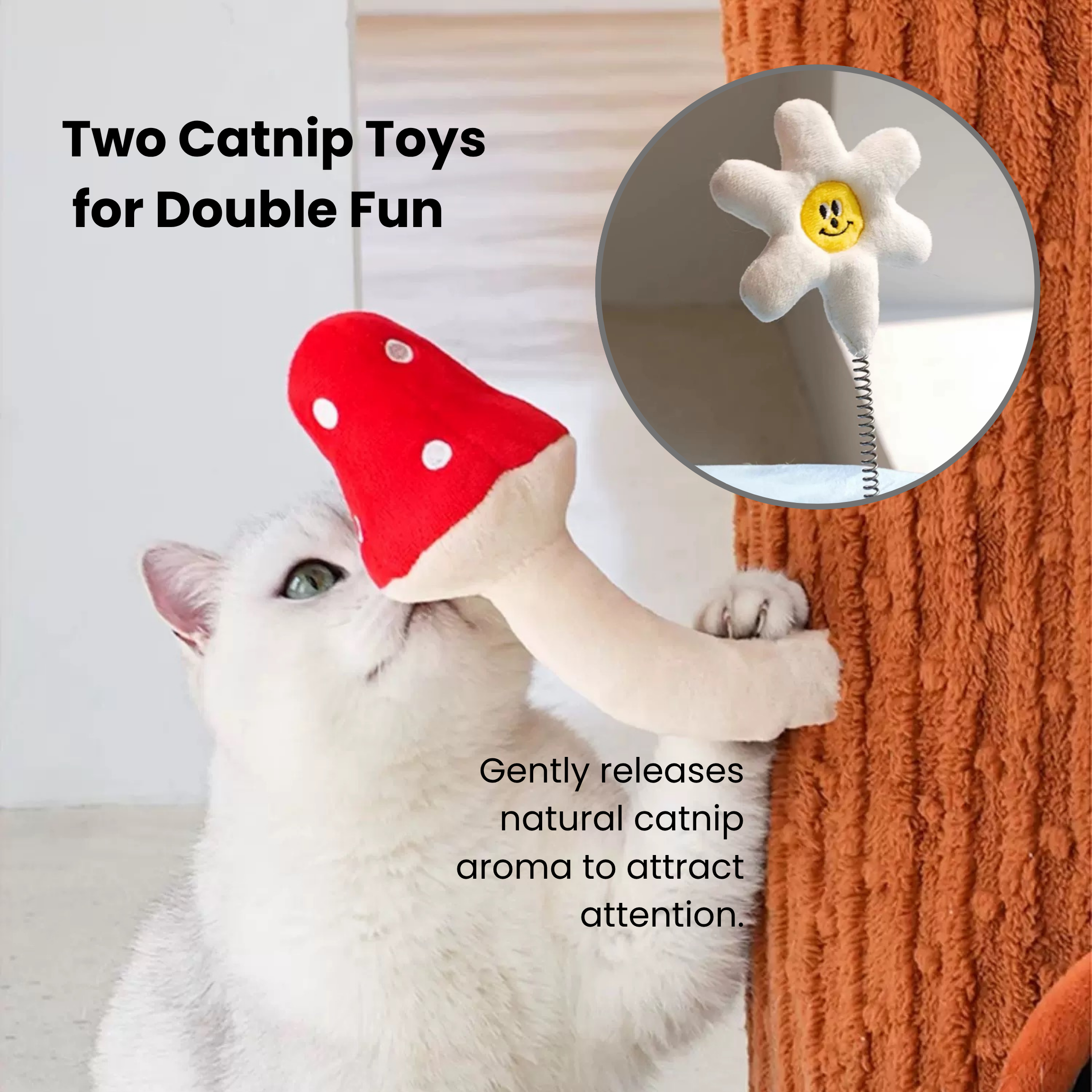 Cat tree with farm toys: catnip mushroom & daisy, for multi-cat activity & indoor enrichment.
